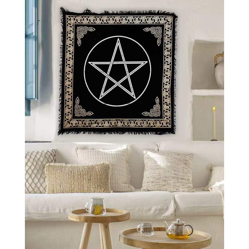 VIKAMA Keltischer Pentagramm Wandteppich in Schwarz-Gold, Geometrischer Wandbehang im Boho-Stil, Breite: 75 cm, Höhe: 75 cm - Bild 3