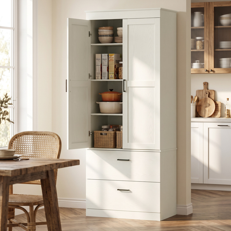 Aosom Küchenschrank HOMCOM als Hochschrank im Landhaus-Stil mit 2 Schubladen und verstellbaren Regalen, Vitrinenschrank für Küche und Esszimmer, Cremeweiß, B: 75 cm, T: 39 cm, H: 178 cm - Bild 2