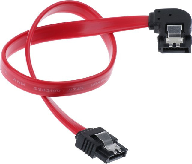 SATA III Kabel 6Gbps mit 90 Grad Linkswinkel und Verriegelungsmechanismus in Rot, Länge: 0,3 m / 0,5 m - Bild 1