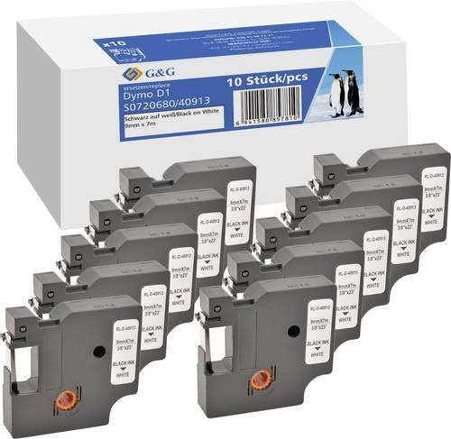 G&G Beschriftungsband Set 10er Pack kompatibel mit DYMO D1 40913, Farbe Weiß mit schwarzer Schrift, Breite: 9 mm, Länge: 7 m pro Band - Bild 1
