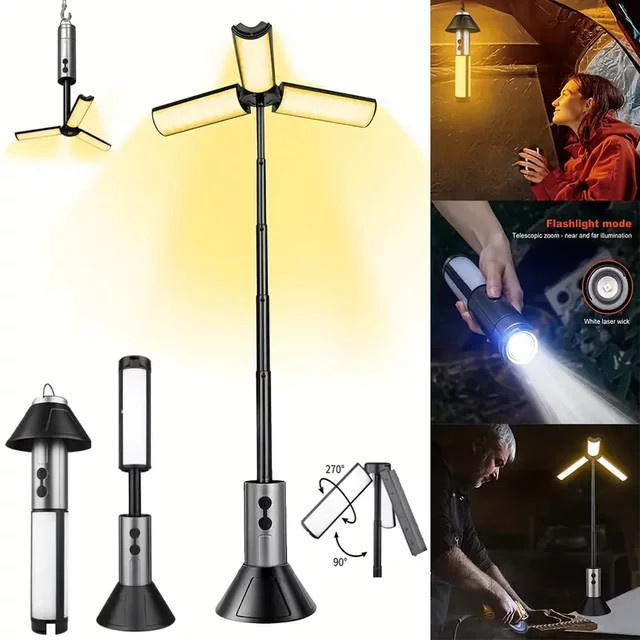 KDULIT LED-Campingleuchte, wiederaufladbare multifunktionale Teleskop-Taschenlampe und Outdoor-Laterne mit COB-Licht in Schwarz - Bild 1