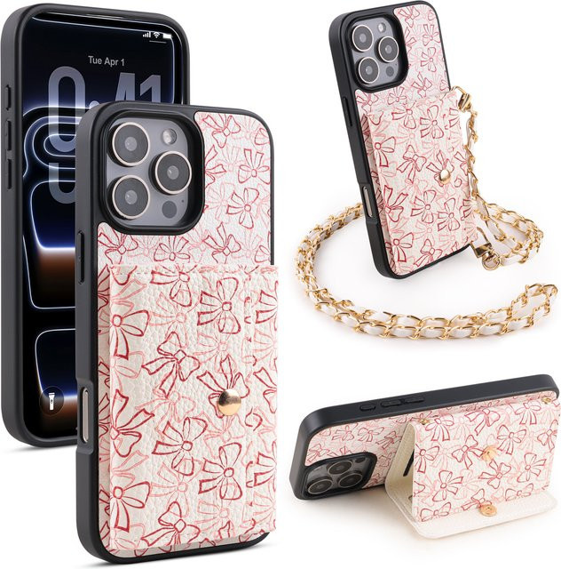 Rosa bedruckte Flip-Kunstlederhülle mit Kartenhalter für iPhone 17/16/15/14/13/12/11 – Kratzfester Schutz für dein Smartphone - Bild 1