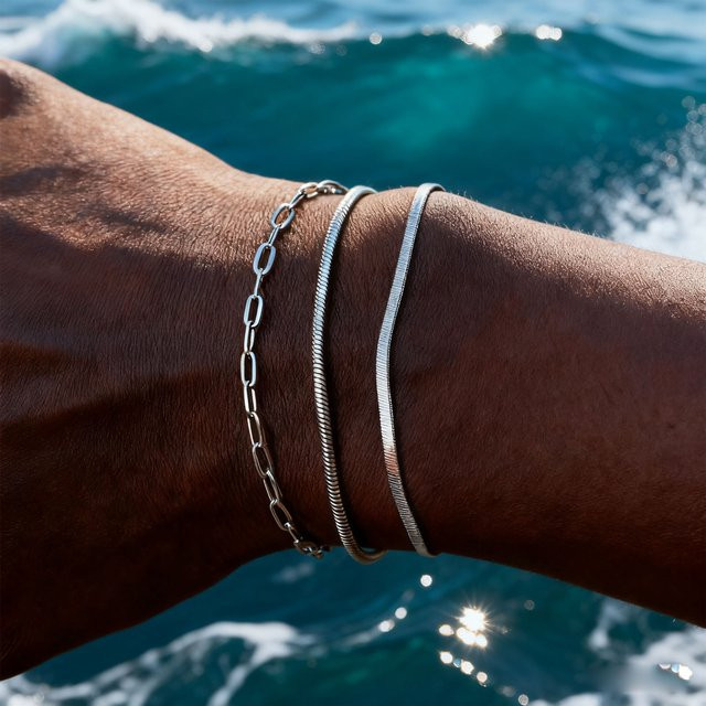 Kettenarmband 3-teilig, Edelstahl, Silber, Herren, minimalistisch - Bild 1