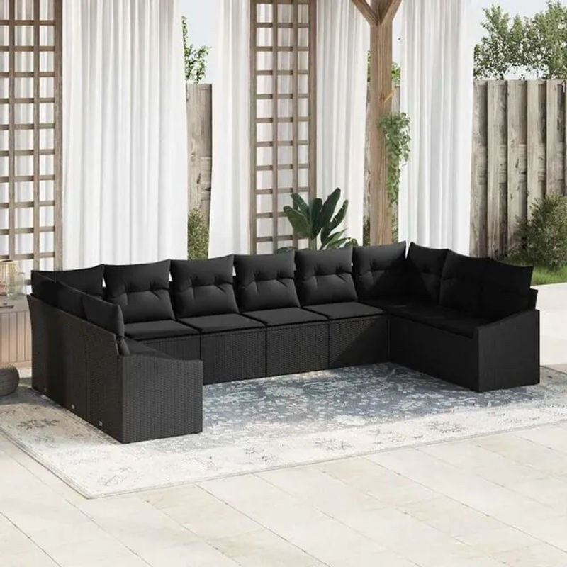 Vidaxl Garten-Sofa-Set aus Polyrattan in Schwarz, 10-teiliges modernes Loungemöbel-Set - Bild 1