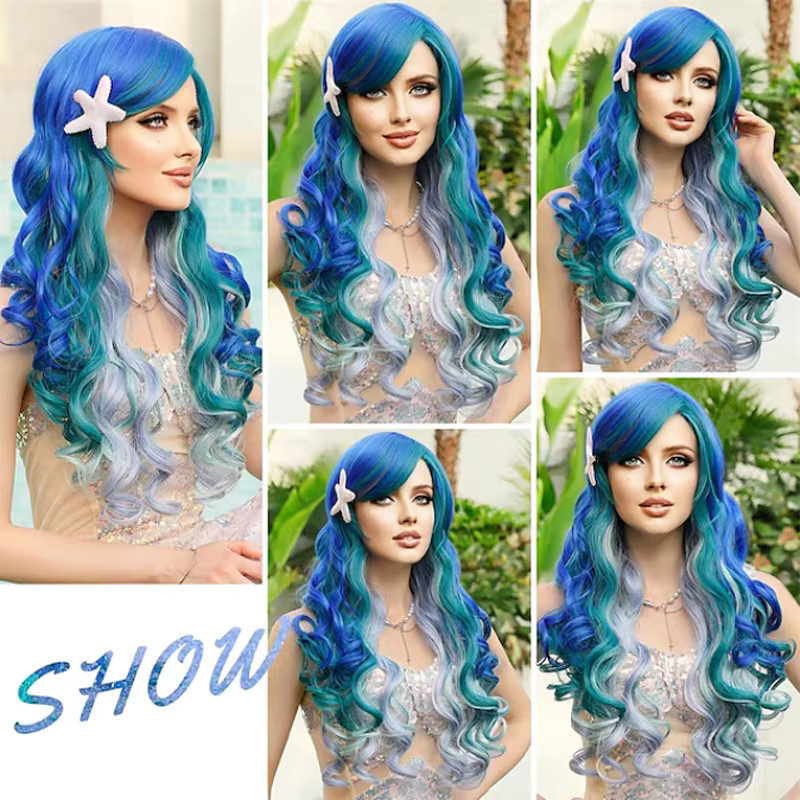 HAIRJOY Meerjungfrauen-Perücke, lang, gewellt, blau, grün - Bild 2