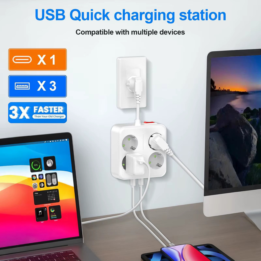 CILIA Power Adapter mit 4 AC-Anschlüssen, 3 USB-A und 1 USB-C in Weiß - Bild 2