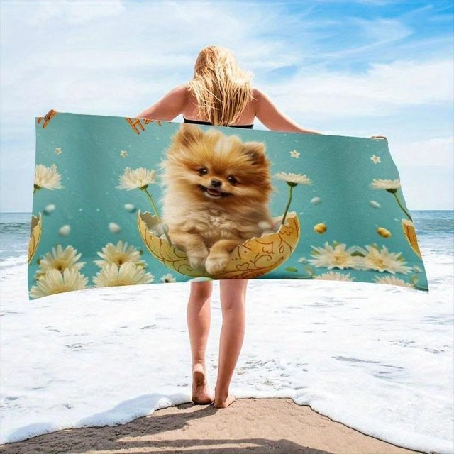 Dalangpa Strandtuch Pomeranian Welpen Eier Muster in Weiß, schnelltrocknend, B: 30 cm, H: 60 cm - Bild 1