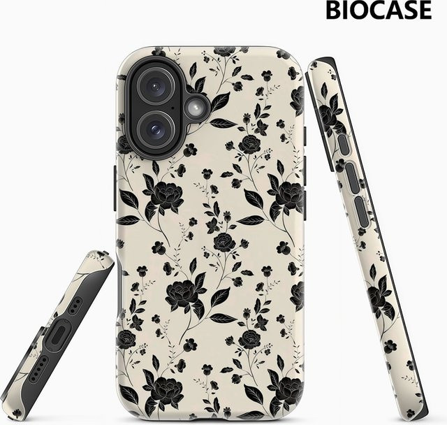 Potdemiel Vintage-Handyhülle mit schwarzem Blumenmuster für iPhone 17 16 15 14 13 12 Pro Max Plus mit doppellagiger Rückseite in Schwarz und Multicolour - Bild 1