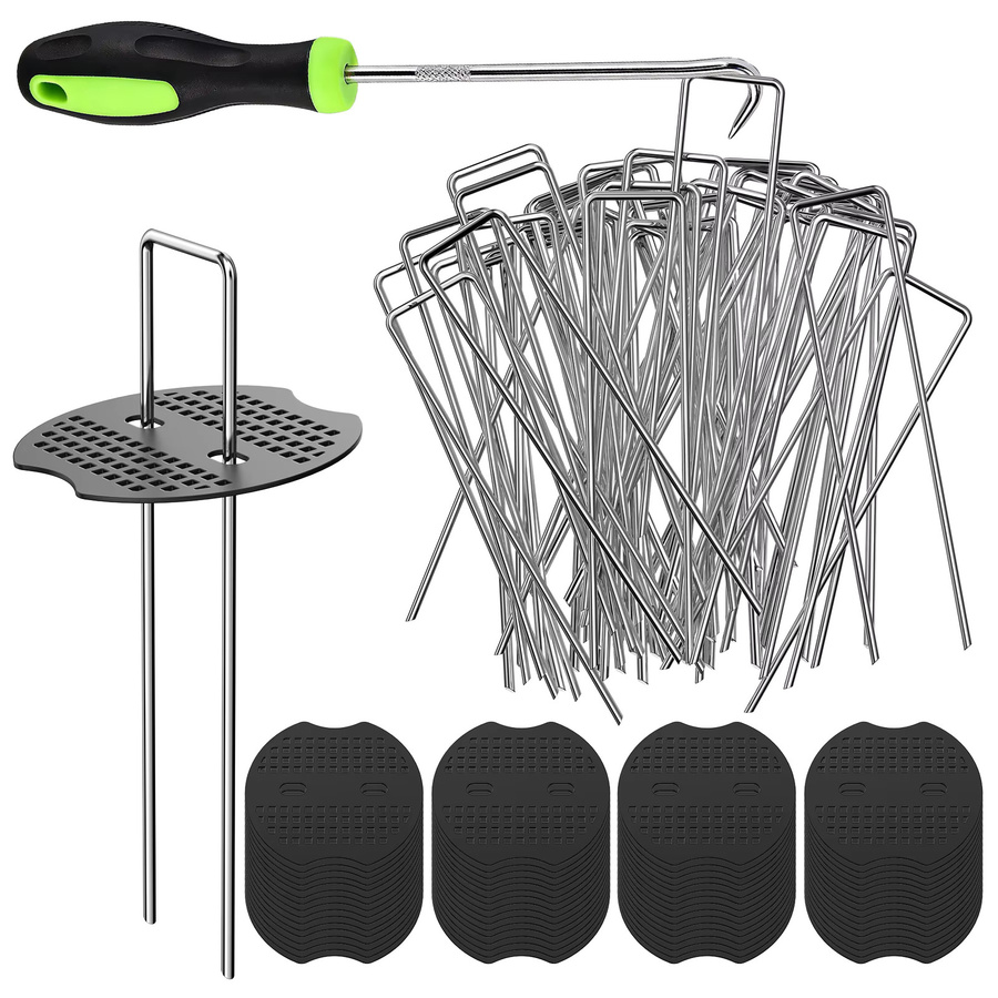 Verzinkte U-förmige Erdanker aus Metall mit 100 Unterlegscheiben für Garten, Mulch und Kunstrasen, Silber, 200 Stück, B/H/T: 15 x 3 x 0,3 cm - Bild 8