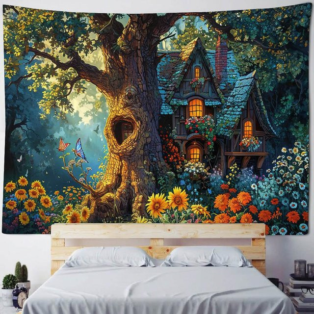 Märchenwald Landschaft Wandteppich JMG Household Supplies, bunter Wandbehang mit Baum-Illustration für Wohnzimmer und Schlafzimmer, Breite: 70 cm, Höhe: 100 cm - Bild 1
