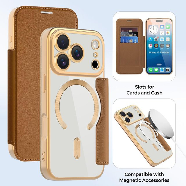 Transparente Klapp-Leder-Magnet-Hülle für iPhone 12 bis 17 Pro Max mit MagSafe Kompatibilität in Braun - Bild 1