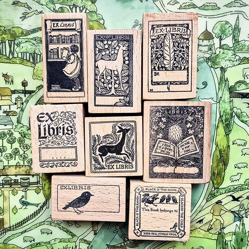 Holzstempel Ex Libris für Scrapbooking und Journaling mit Vogel, Hirsch oder Mädchen Motiv in Multicolour - Bild 3