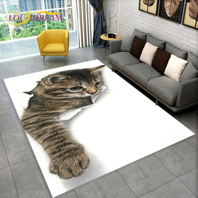 Magic Zhu 3D-Teppich mit Katzen-Cartoon-Motiv in Weiß, rutschfest und waschbar, B/T: 150 x 100 cm - Bild 1