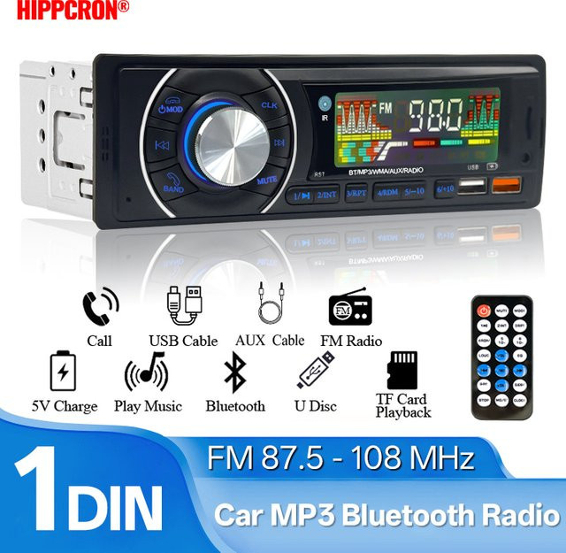 HIPPCRON Autoradio 1DIN mit Bluetooth, FM Empfänger, MP3 Player und Dual USB, AUX sowie TF Karte, Schwarz - Bild 1