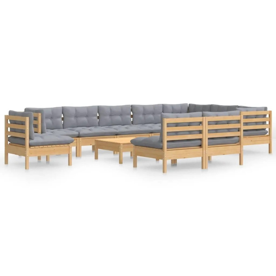 vidaXL Garten-Lounge-Set aus massivem Kiefernholz in U-Form mit grauen Polstern, 11-teilig - Bild 2