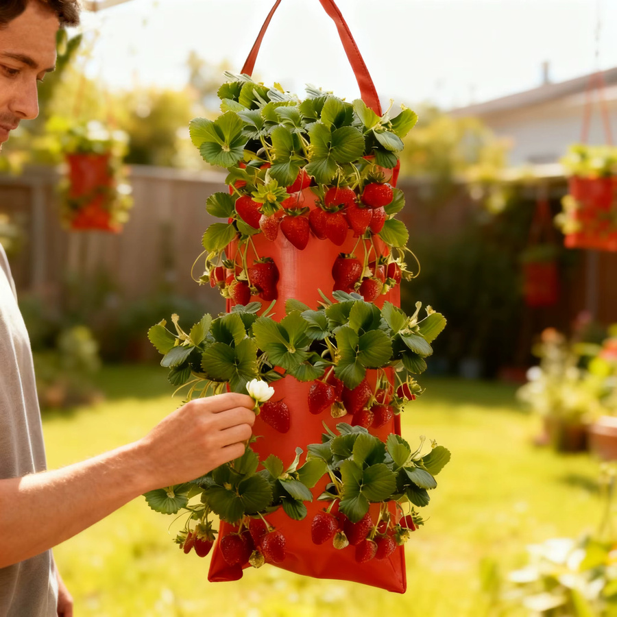 12er-Pack hängende Erdbeertaschen aus orangefarbenem PE mit 8 Fächern für den vertikalen Pflanzgarten auf dem Balkon oder im Innenbereich - Bild 4