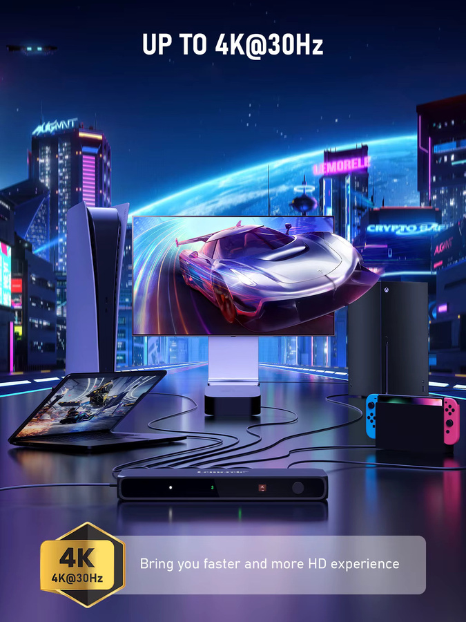 Lemorele G96 HDMI-Switch 5 in 1 Out, 4K@30Hz HDMI Splitter mit Fernbedienung, HDR und HDCP2.3, Schwarz, kompatibel mit Xbox, PS5, PS4 und PC - Bild 2