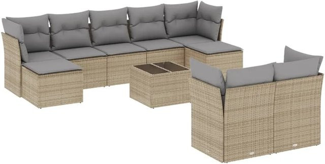 vidaXL 10-teilige Garten-Sofagarnitur aus Poly-Rattan mit Kissen in Beige und Hellgrau - Bild 1