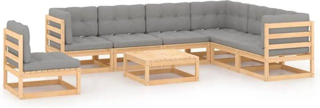 vidaXL 8-teiliges Garten-Lounge-Set aus massivem Kiefernholz in L-Form mit grauen Polstern - Bild 1