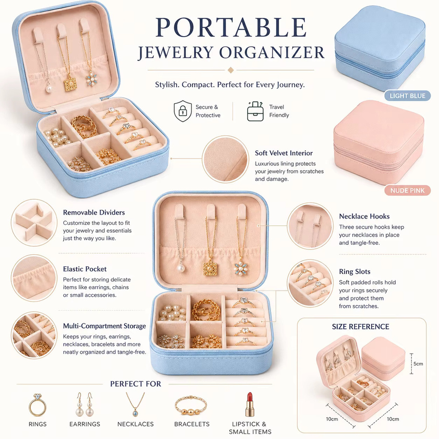 Tragbare Schmuck-Organizer-Box in Blau für Ringe, Ohrringe und Halsketten als Reise-Aufbewahrungsbox für kleine Accessoires - Bild 2