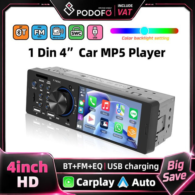Podofo Single-DIN Autoradio Multimedia-Player mit 4 Zoll Display, Bluetooth, USB, AUX und CarPlay sowie Android Auto, Schwarz - Bild 1