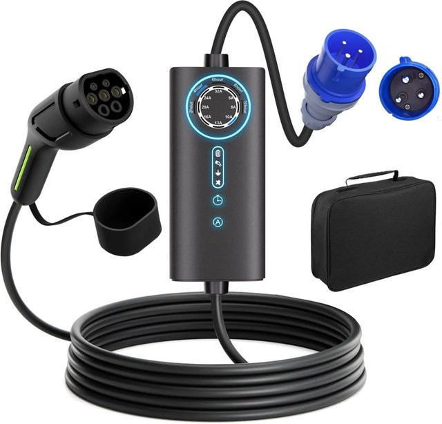 Junsun Typ 2 EV-Ladegerät 7kW mit 8m Kabel in Schwarz, 1-phasig mit flexibler Stromanpassung 6-32A inklusive Tasche - Bild 1
