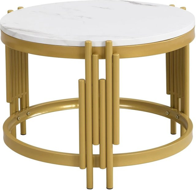 okwish Couchtisch-Set Rund in Marmoroptik Weiß und Gold, B/T/H: 71,5 x 71,5 x 44,0 cm - Bild 1