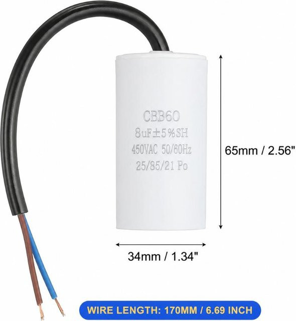 JTRkagane CBB60 Anlaufkondensator 8UF 450V für Wasserpumpen, Weiß - Bild 1