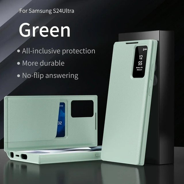 Leder S-View Windows Wallet Flip Case für Samsung Galaxy S25 S24 S23 S22 Ultra Plus S23 FE A56 A55 mit Kartenfach und stoßfester Abdeckung in Grün - Bild 1