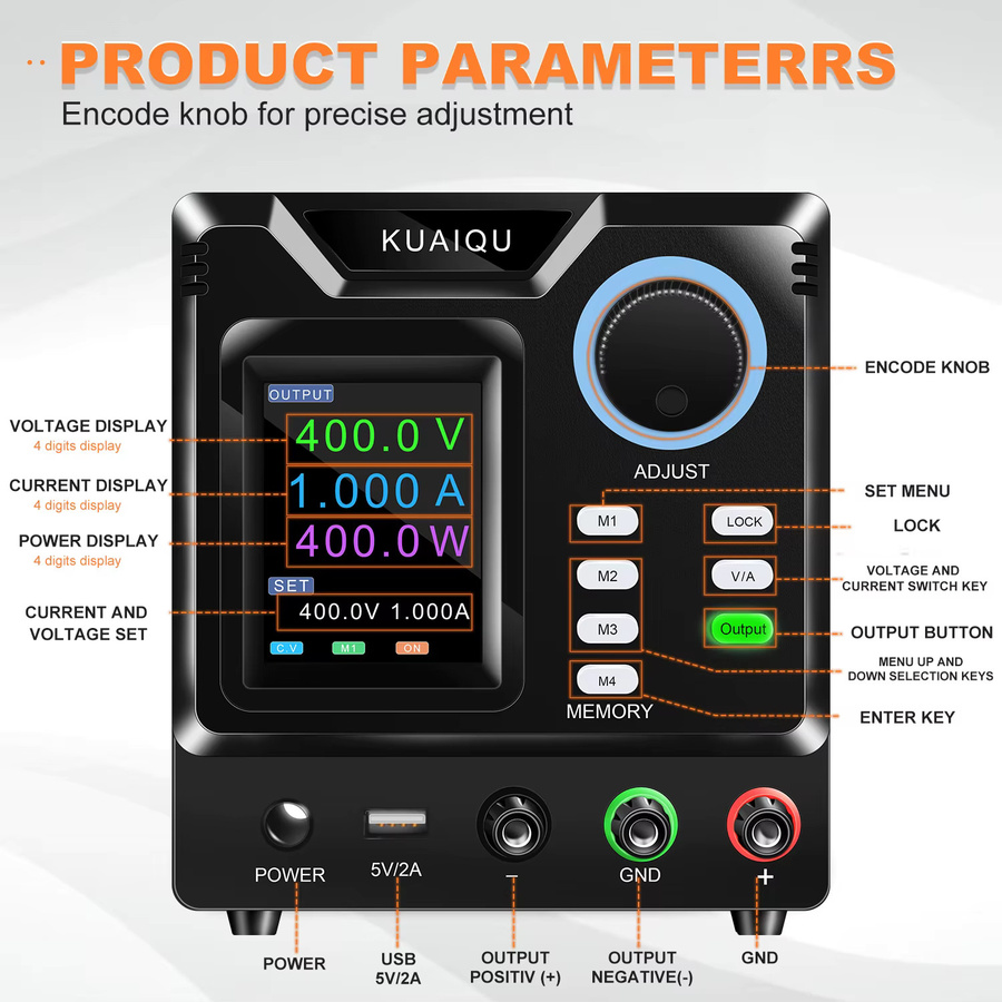 KUAIQU Programmierbares Hochspannungs-Schaltnetzteil mit USB und RS232, 400V, 1A, 400W, Schwarz - Bild 4
