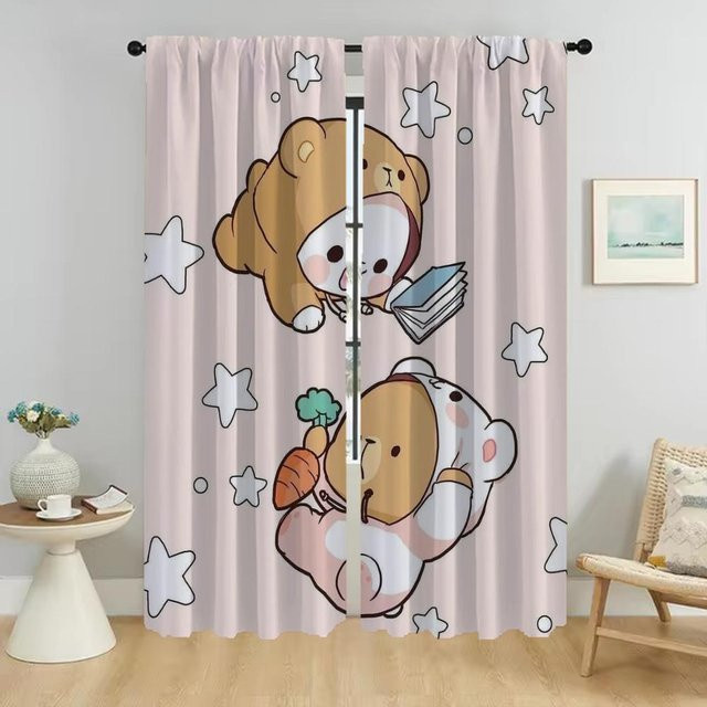 Kawaii Bär Vorhänge für Kinderzimmer und Wohnzimmer, 2er-Set Tüll-Vorhang in Pink, B: 50 cm, H: 70 cm - Bild 1
