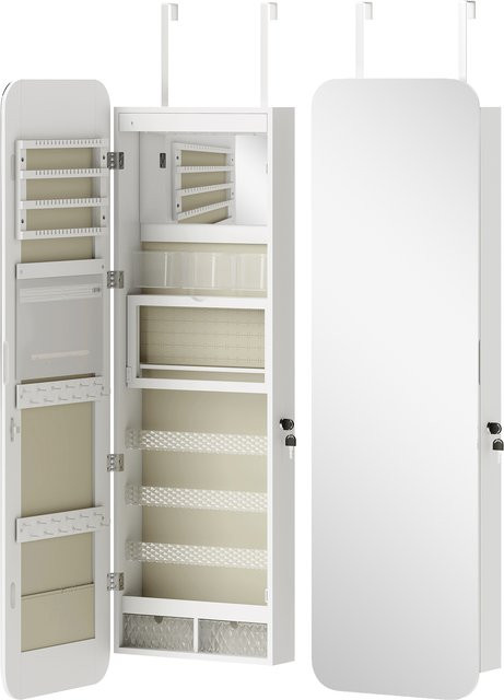 HOMCOM Schmuckschrank mit LED-Licht und Ganzkörperspiegel in Weiß, wandmontierbarer Schmuckspiegel mit Schloss und 2 Schubladen - Bild 1