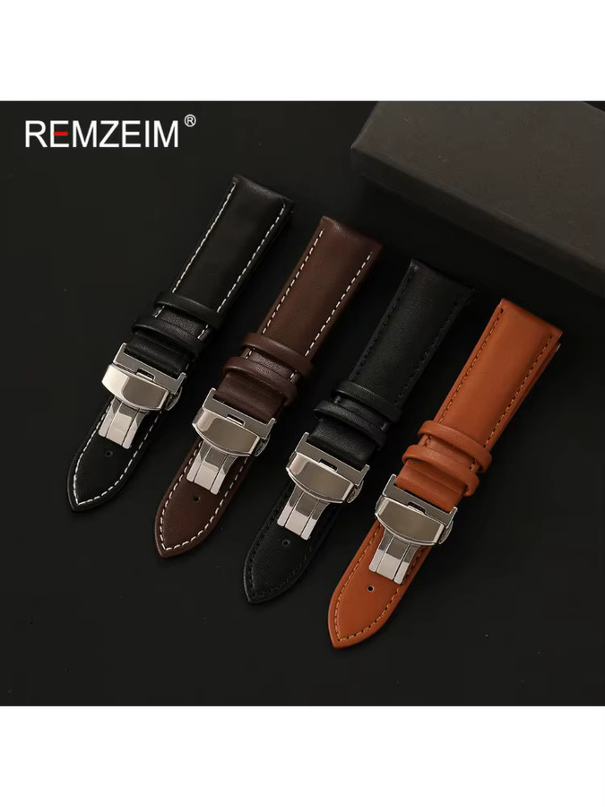 REMZEIM Uhrenarmband PU-Leder, Schmetterlingsverschluss, Schwarz, Herren - Bild 2