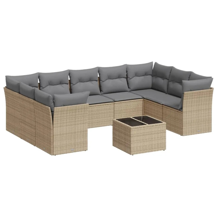 vidaXL 10-teilige Garten-Sofagarnitur aus Polyrattan in Beige-Grau mit Tisch und Kissen - Bild 2
