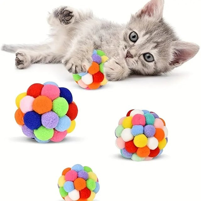 1/3 Stück Katzenspielzeug Plüschball mit Glocke, bunter Wollball - Bild 1