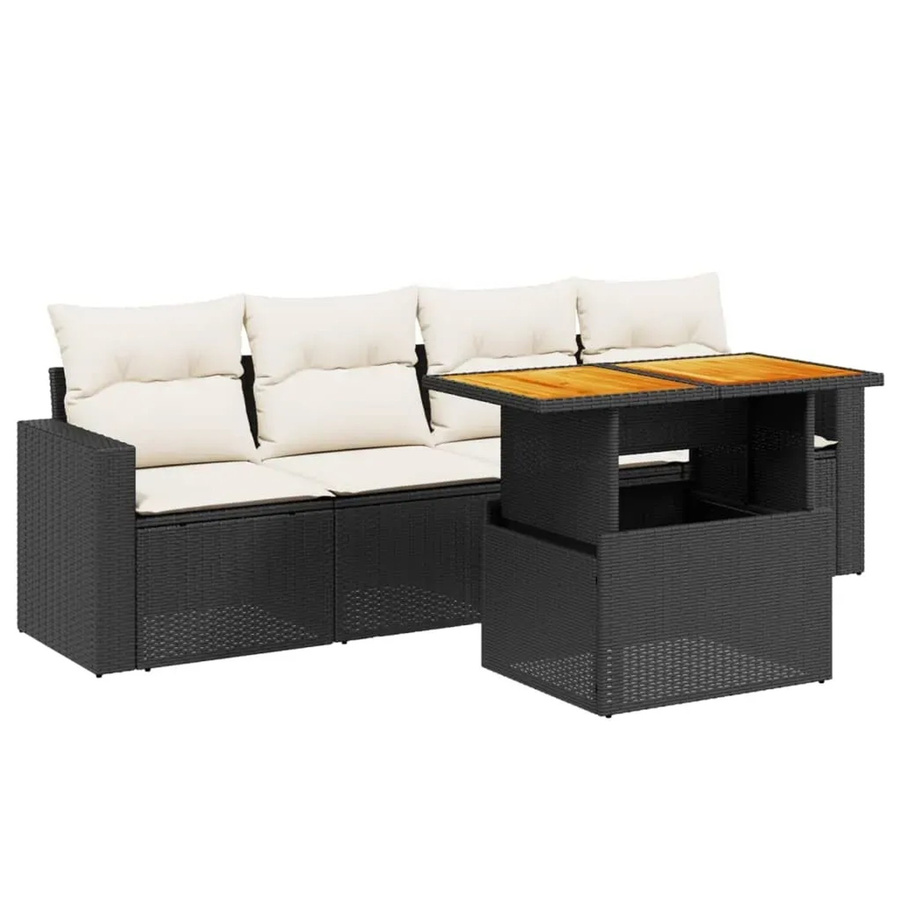 vidaXL 5-teilige Garten-Sofagarnitur aus Poly-Rattan und Akazienholz in Schwarz mit cremeweißen Kissen - Bild 2