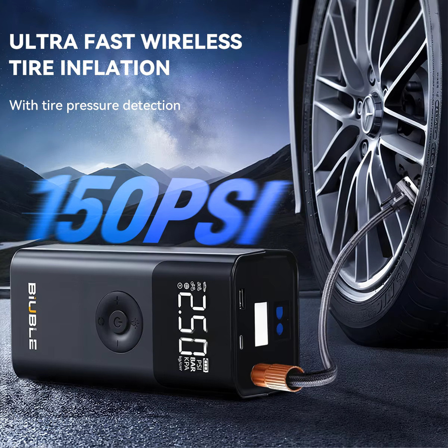 BIUBLE 8000A PEAK Auto-Notstarter mit tragbarem Luftkompressor und 150PSI digitalem Reifendruckmesser, 26800mAh Hochleistungsakku und 3-Modus-LED-Taschenlampe, Schwarz - Bild 3