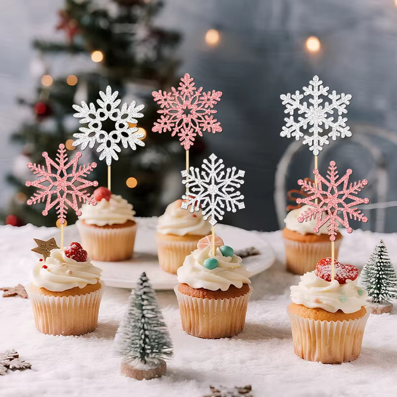 YOMDID 25 Stück glitzernde Schneeflocken-Kuchendekoration in Pink und Silber als Weihnachts-Cupcake-Topper und Schneeflocken-Picks - Bild 5