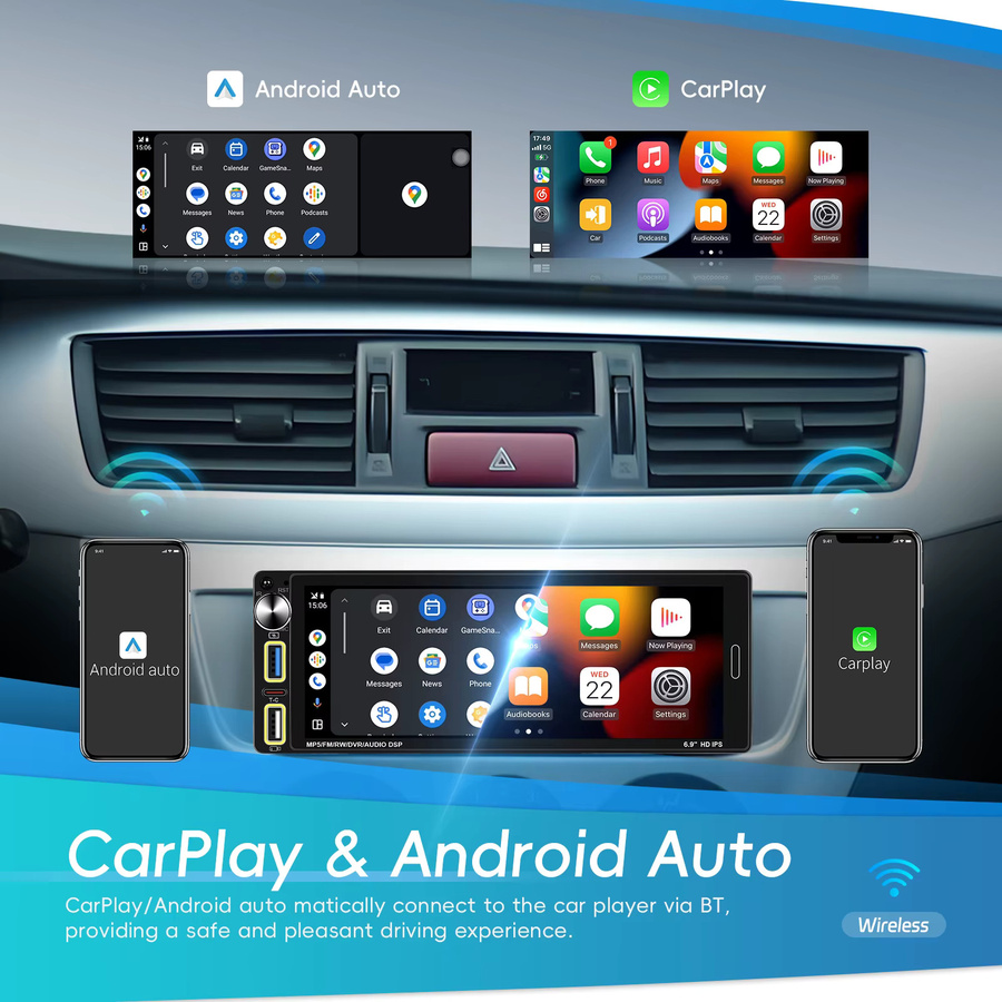 Camecho Wireless Carplay Android Auto 1 Din Autoradio mit 6,9 Zoll IPS Bildschirm, Bluetooth, MP5 Multimedia Player und Dual USB/Typ-C, Schwarz - Bild 2