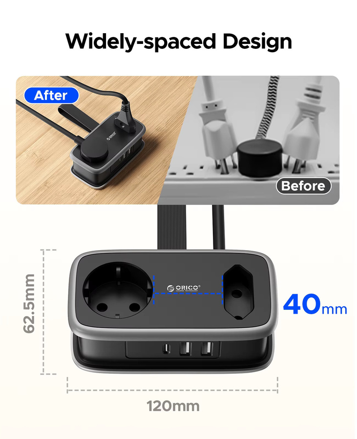 ORICO Steckdosenleiste mit 2 AC-Steckdosen und 2 USB-A Anschlüssen, 15,5 W Schnellladefunktion, Schwarz - Bild 4