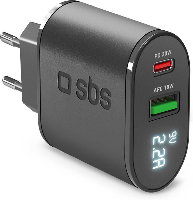 SBS 20W Ladegerät mit LCD-Bildschirm, USB-C und USB-A, Schwarz - Bild 1