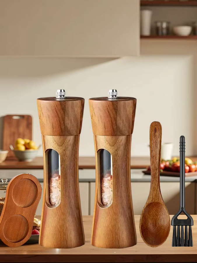 WXCOO Manuelle Salz- und Pfeffermühle aus massivem Holz in Braun mit verstellbarem Keramik-Mahlwerk, rund - Bild 7