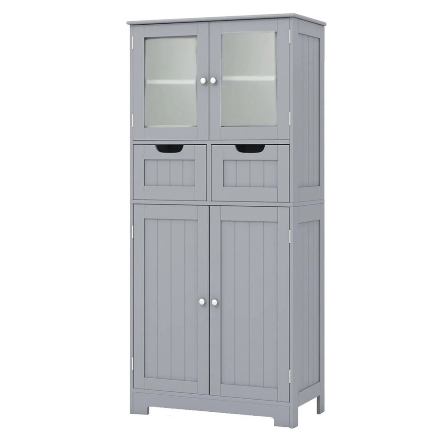 Costway Badezimmerschrank in Grau mit Glastüren, 2 Schubladen und 4 Türen - Bild 2