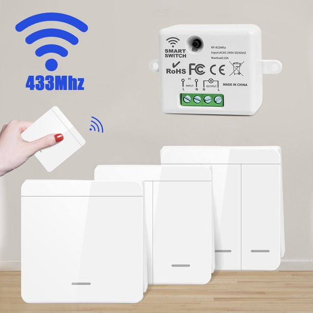 AXUS Kabelloser Lichtschalter Wandpanel mit RF 433MHz Fernbedienung und Relais-Empfänger für LED-Lampen, Weiß - Bild 1