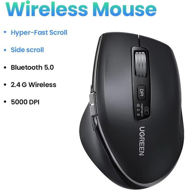 UGREEN Bluetooth Dual-Mode Maus mit ergonomischem Doppelrad in Schwarz - Bild 1