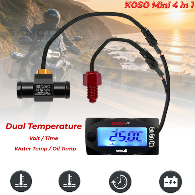 KOSO Mini 4-in-1 Motorrad-Wasserthermometer mit Dual-Temperatur-LCD-Digitalanzeige für Öl- und Wassertemperatur, Zeit und Volt in Schwarz - Bild 1