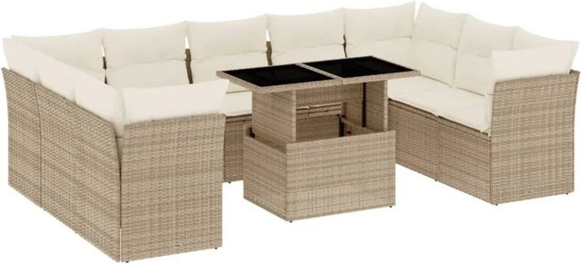 vidaXL 10-tlg Garten-Sofagarnitur in L-Form aus PE-Rattan und pulverbeschichtetem Stahl mit Kissen in Beige und Cremeweiß - Bild 1