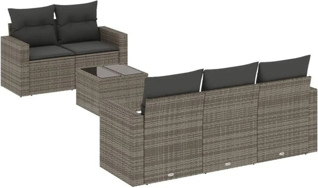 vidaXL 6-teilige Garten-Sofagarnitur in L-Form aus grauem Poly-Rattan mit Kissen und Tisch - Bild 1