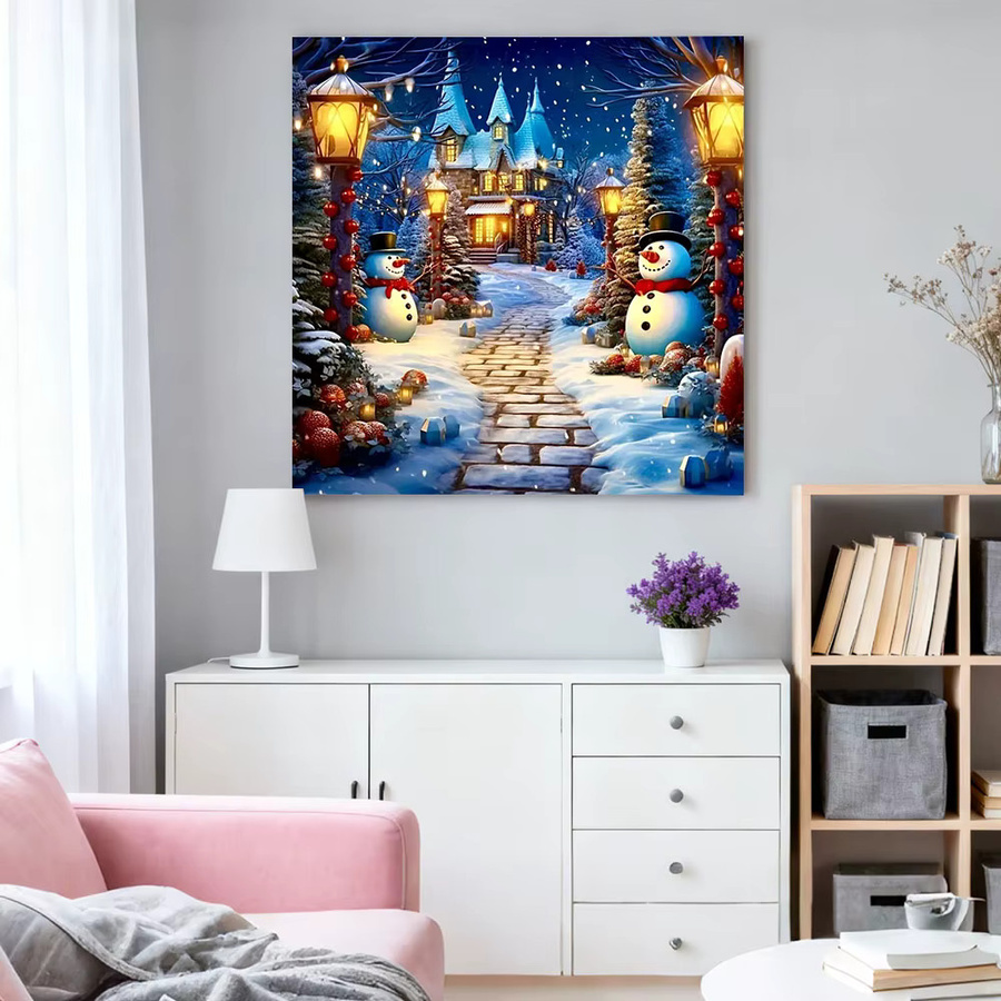 HUACAN Diamantmosaik Malerei Schneemann in Winterlandschaft, Runde Weihnachts-Diamantmalerei in Mehrfarbig - Bild 3