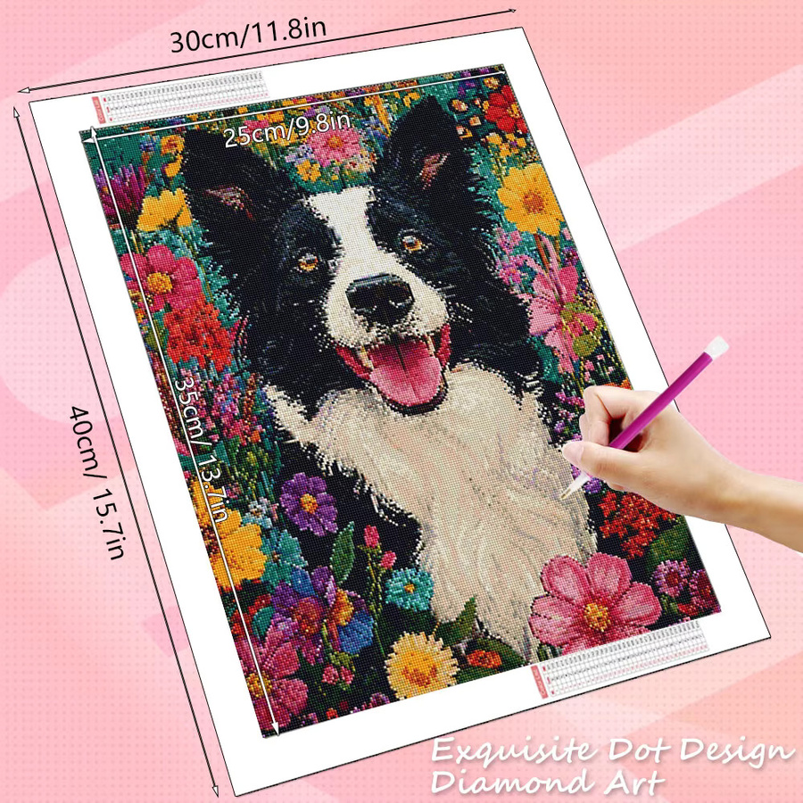 HUACAN 5D Diamant-Malerei-Set mit floralem Hunde-Motiv und Rosenblüten, Diamant-Mosaik-Kit in Multicolour für die Tischdekoration - Bild 2